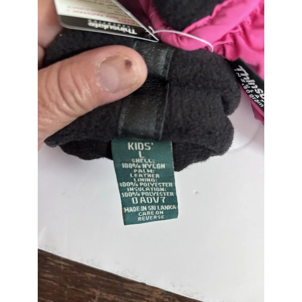 LL BEAN Mitten Gloves Primaloft Insulated Lined Kids L  NEW Pink/Black